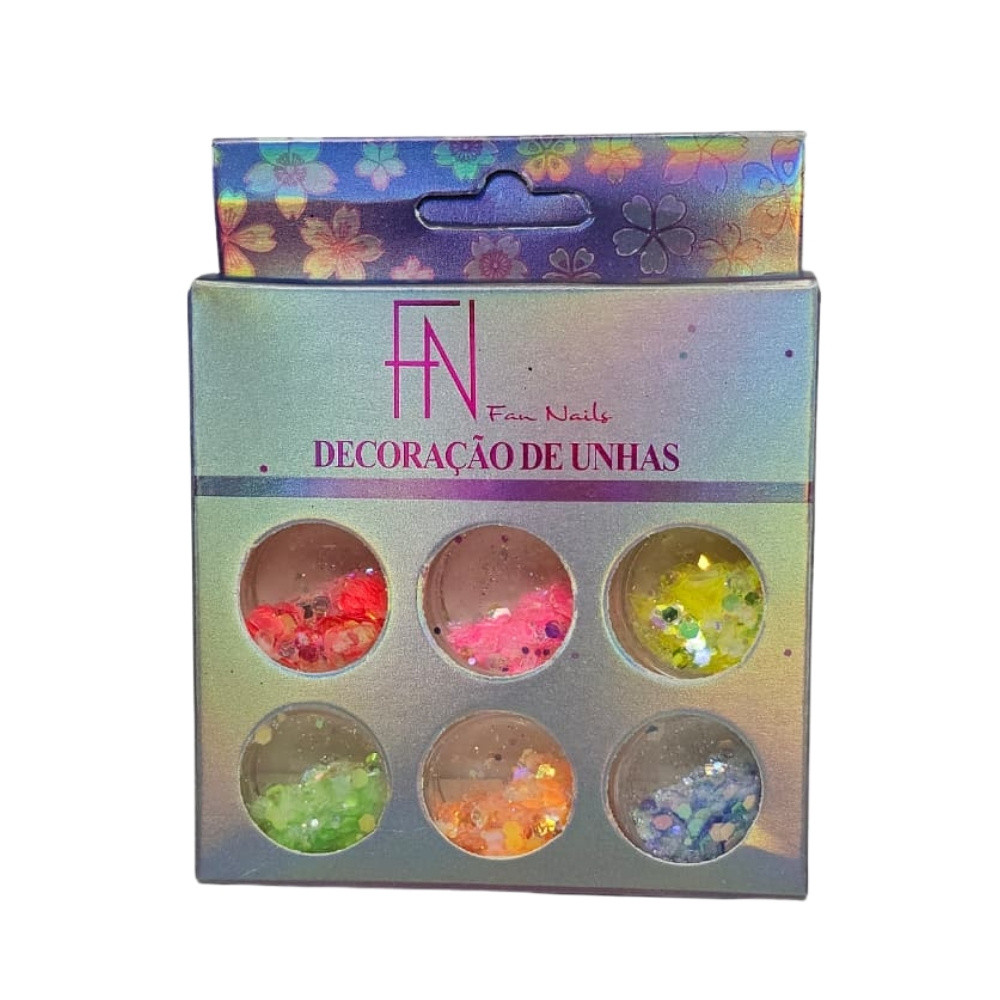 Kit 6 Potes Glitter Colorido Nail Art - Fan Nails