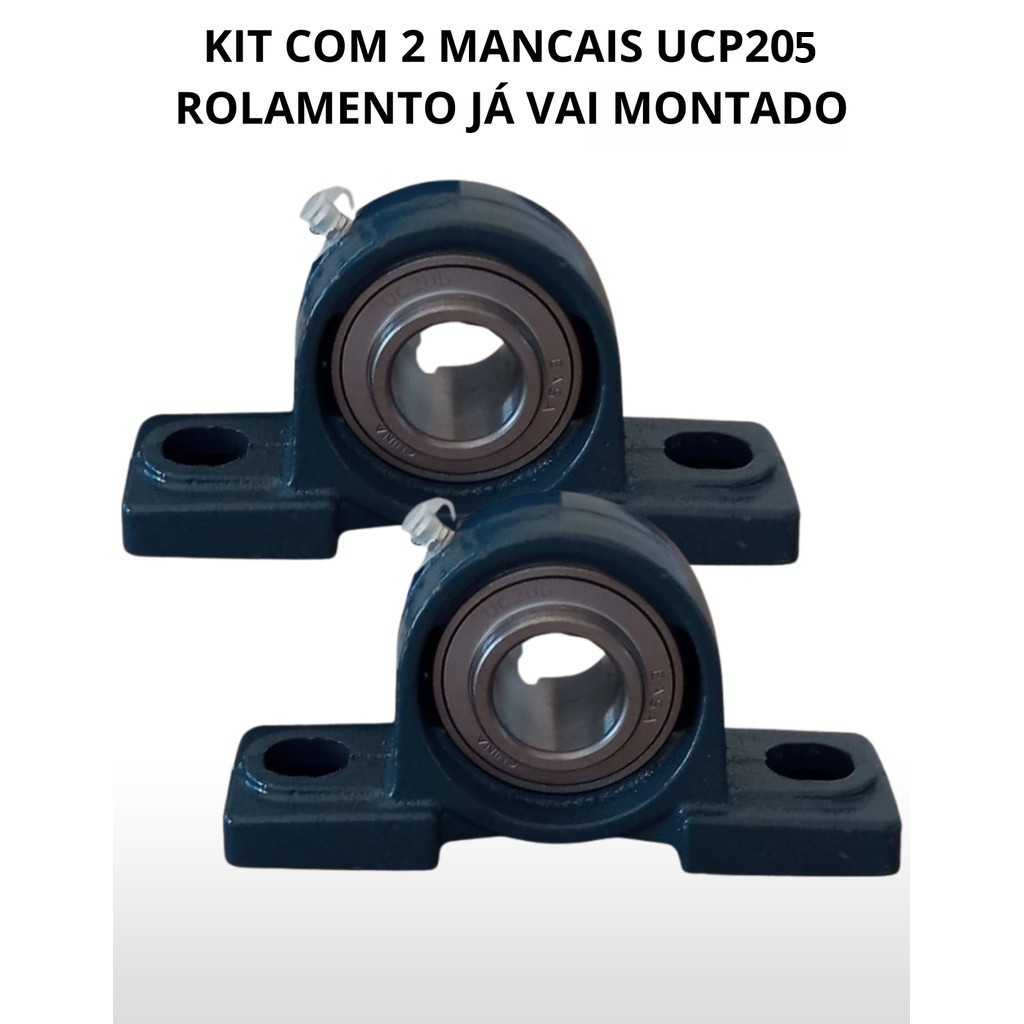 Kit 2 Mancal Pedestal P205 E Rolamento Rígido Esferas UC205 Para Eixo 25mm Completo Indústria Com Pino Graxeiro UCP205