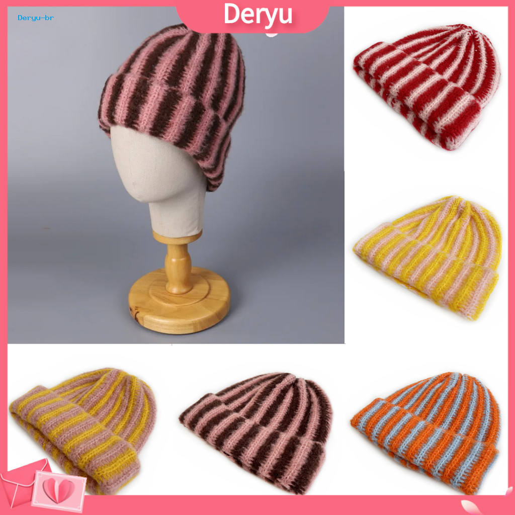 Outdoor Knit Hat Striped Winter for Men and Women Colorful Patchwork Beanie Soft Breathable Brimless Pullover Cap for Ac