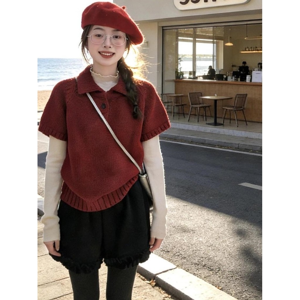 Camisola colete camisa de fundo terno de duas peças pequeno outono inverno estilo coreano pulôver gola POLO colete inter