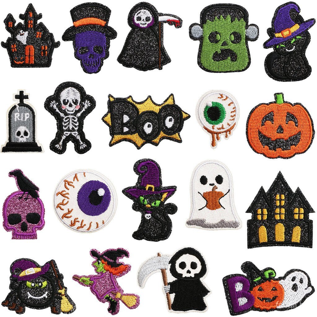Patch de Tecido Bordado Popular para Halloween com Pó de Glitter, Caveira de Zumbi, Patch de Castelo Sombrio, Patch Bord