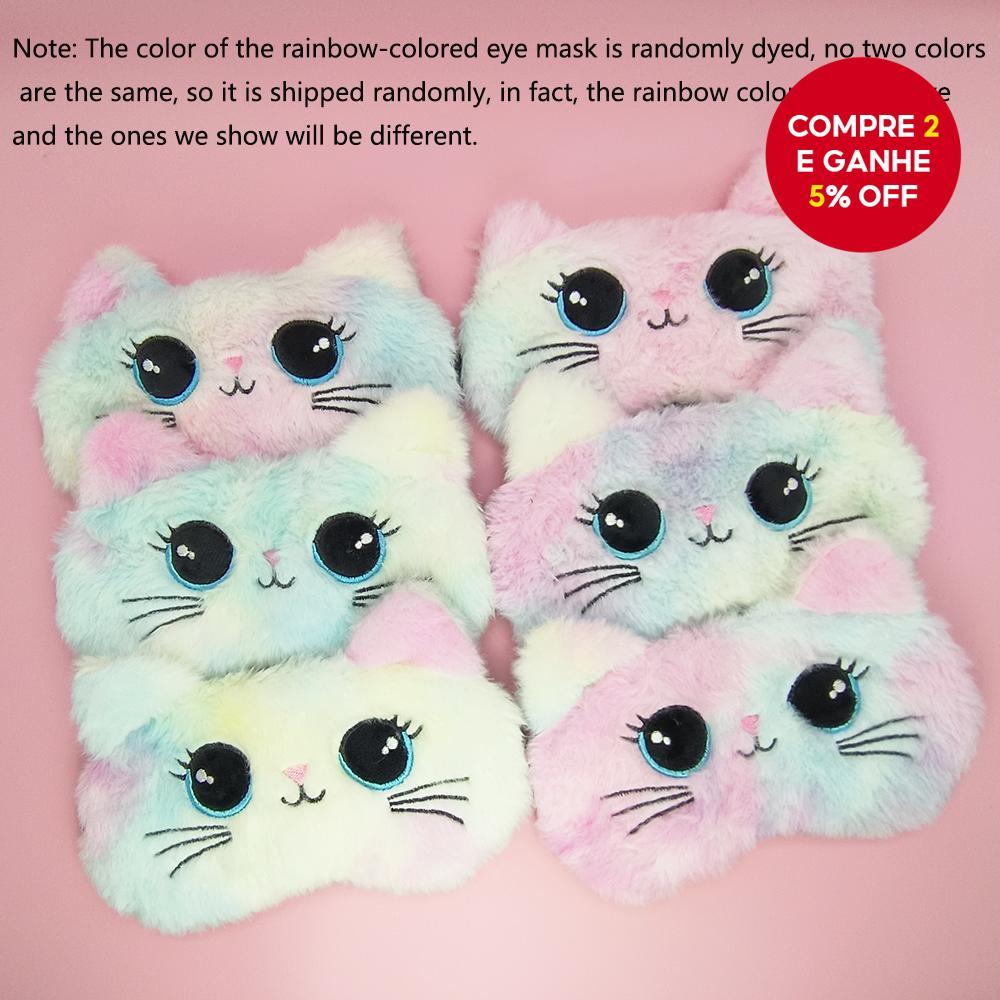Novo Máscara de Olhos de Pelúcia Fofa para Dormir com Padrão de Gato 3D Colorido Arco-íris - Máscara de Sombreamento
