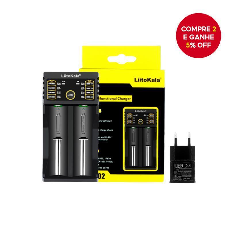 Novo carregador LiitoKala lii-202 para 18650, 26650, 16340 e 14500 com entrada de 5V2A.