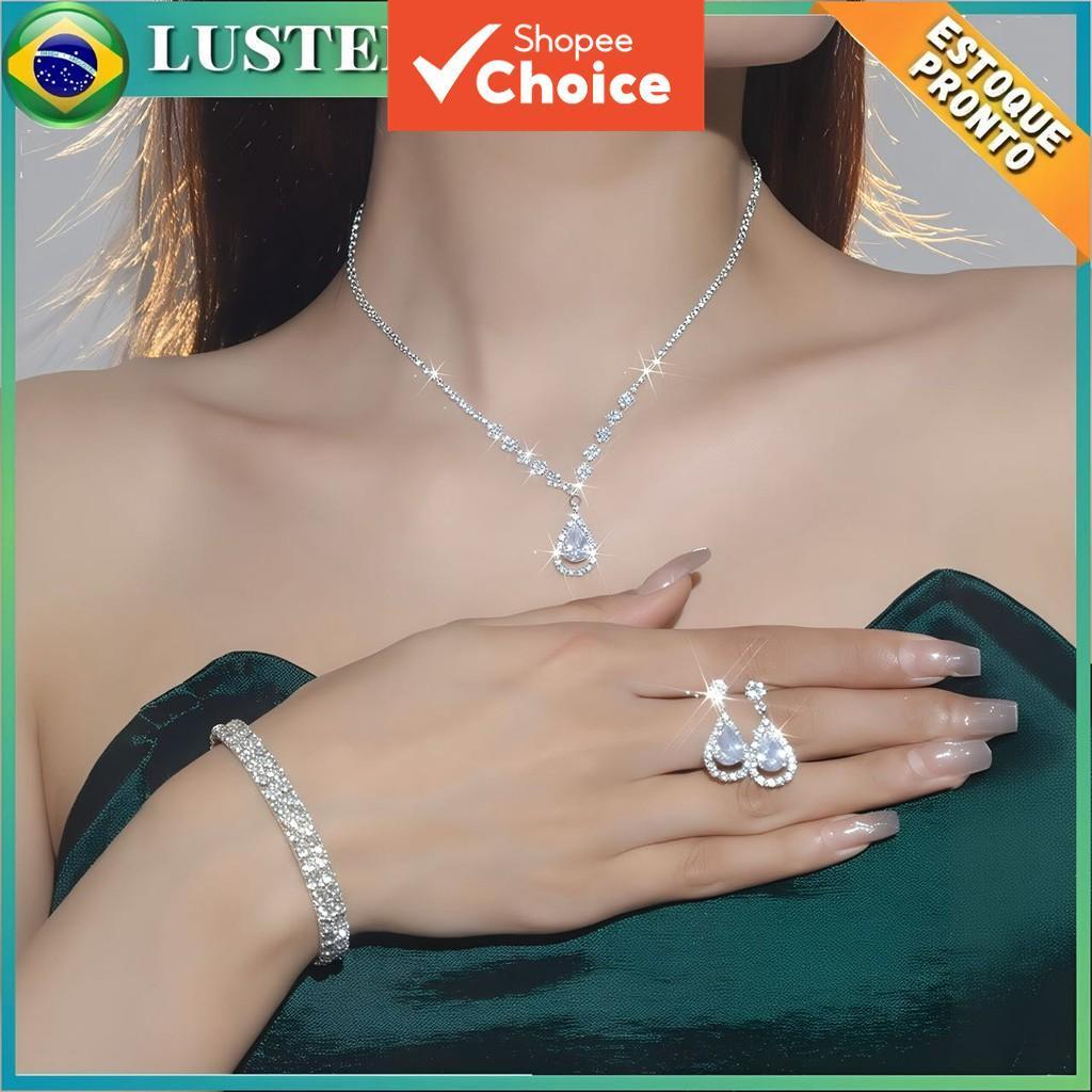 Conjunto De Brincos De Colar De Casamento De Prata Feminino 3 Em 1 Joias De Noiva