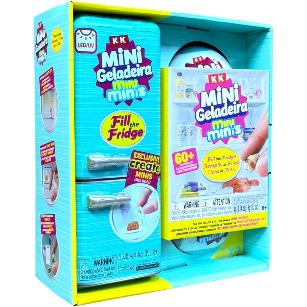 Mini Geladeira Mini Brands Mini's Surpresa Miniaturas Colecionáveis Luz LED + 2 Cápsulas