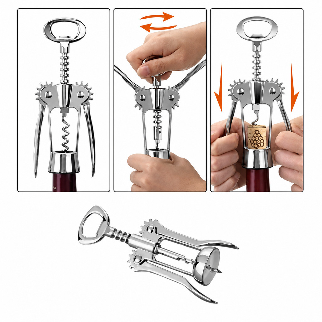 Detalhes do Saca Rolhas Profissional Abridor de Vinho Borboleta em Metal Resistente Fácil de Usar