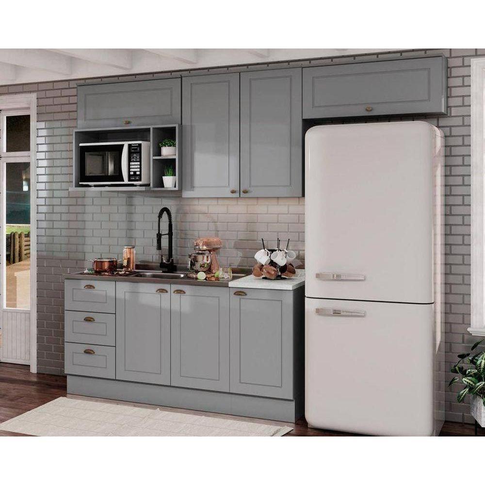 Kit de Cozinha Modulada 7 Peças Americana (3 Aéreos. 2 Balcões, 1 Nicho, 1 Complemento) Cinza - Henn