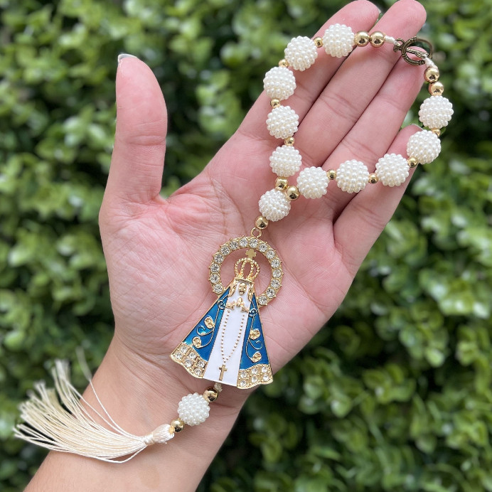 Terço Dezena Carro Nossa Senhora Aparecida Branco com Coroa