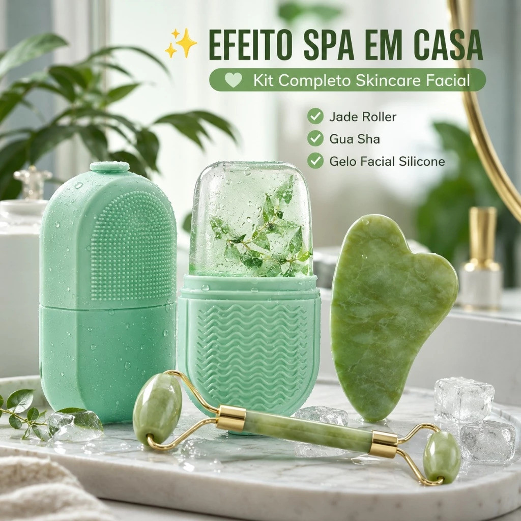 Kit de Massagem Facial e Crioterapia – Jade Roller, Pedra Gua Sha e Molde de Gelo para Pele Mais Radiante - WL