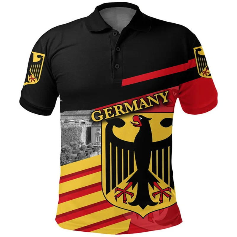 Impressão 3d Alemanha Bandeira Polo Camisa Para Homens Emblema Nacional Padrão Camiseta Topos Verão Casual Rua Lapela Ca