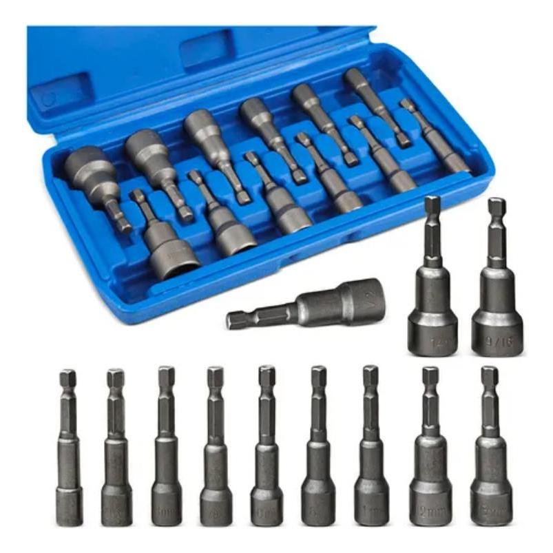 Conjunto de Bits Soquete Canhão Parafusadeira Magnetico 12 Peças 8mm A 14mm