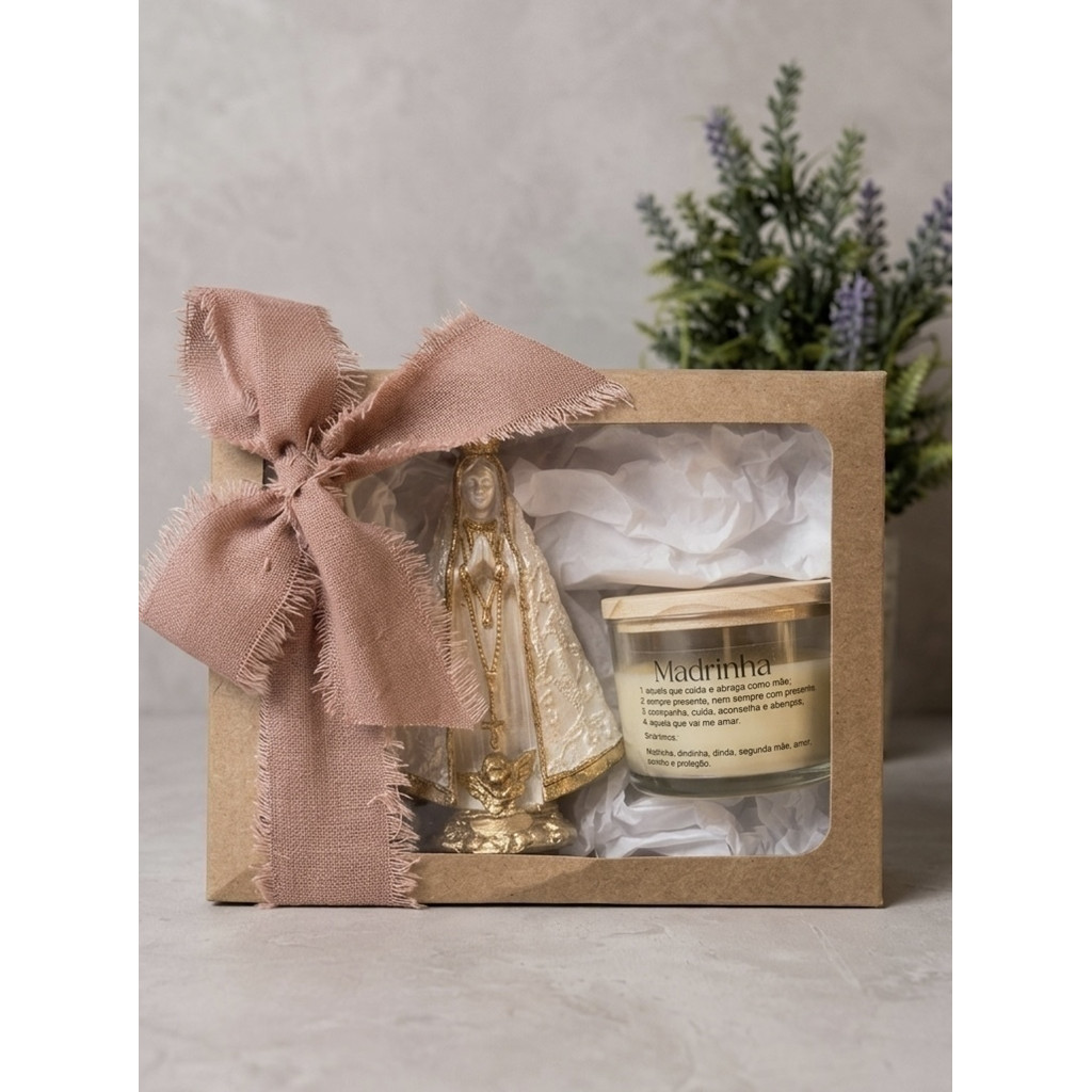 Kit Padrinhos Vela Aromática Imagem Nossa Senhora Aparecida Caixa kraft