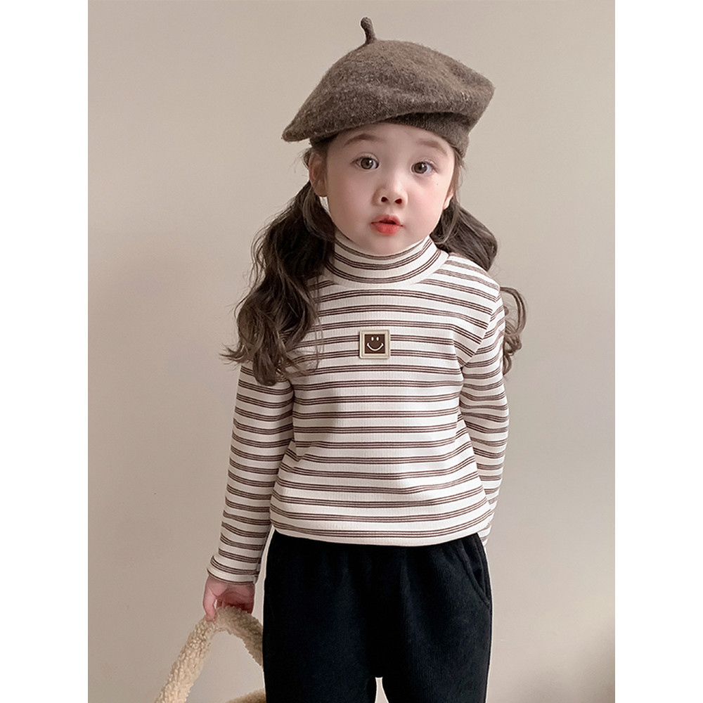 Infantil menina bebê roupas de inverno velo-velo listrado camisa de fundo meninas inverno gola alta engrossado estilo oc