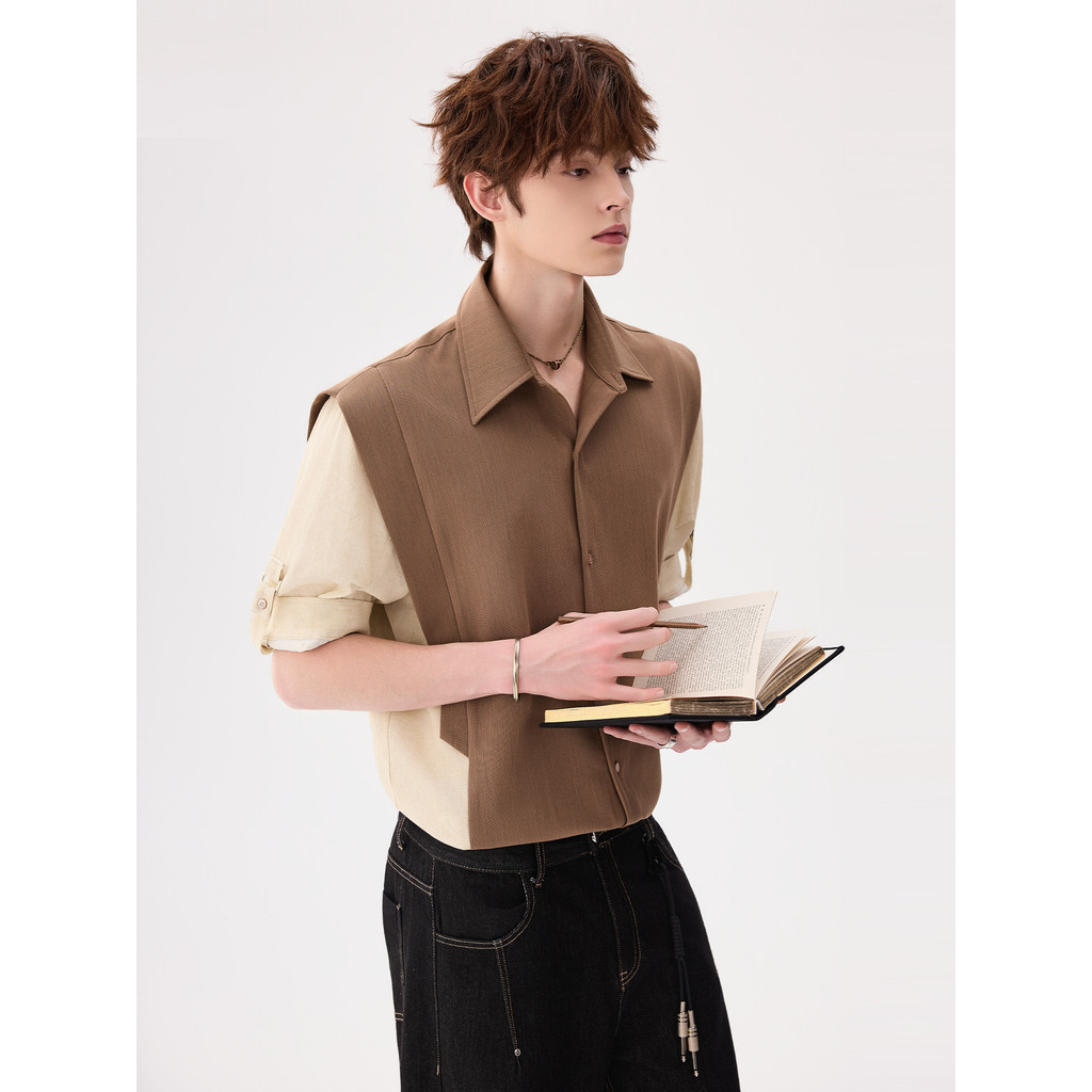 CHICERRO Siciliano Masculino Desgaste Luz Estilo Maduro Casual Voando Ombro Costura Contraste Cor Camisa de Manga Curta 