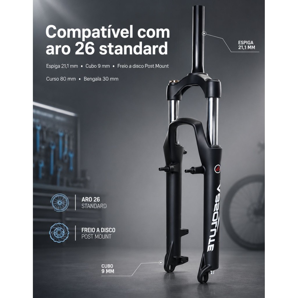 Garfo Suspensão 26 Absolute Nero 30 80mm Bike Garfo Standard 21.1mm Freio Disco Aluminio