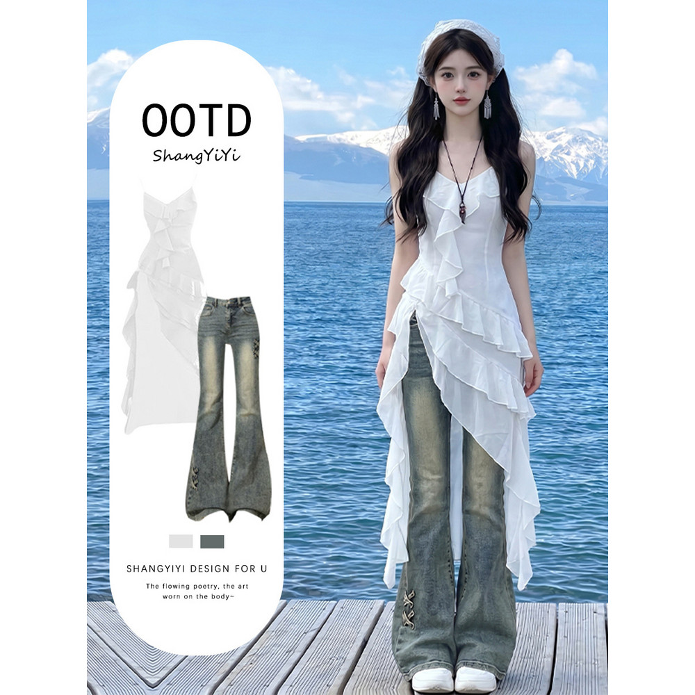 Xinjiang Travel Prairie Wear Estilo Boêmio Vestido Branco Sling Vestido de Verão Um Conjunto Completo Jeans Ocidental