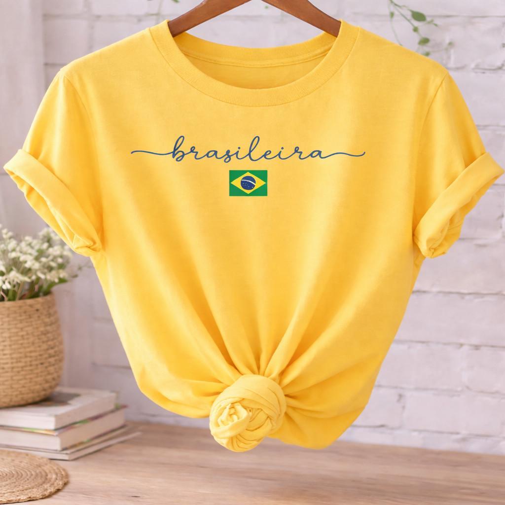 Camiseta Feminina Brasileira Amarela Estampa Brasil T-Shirt 100% Algodão Casual Copa Seleção