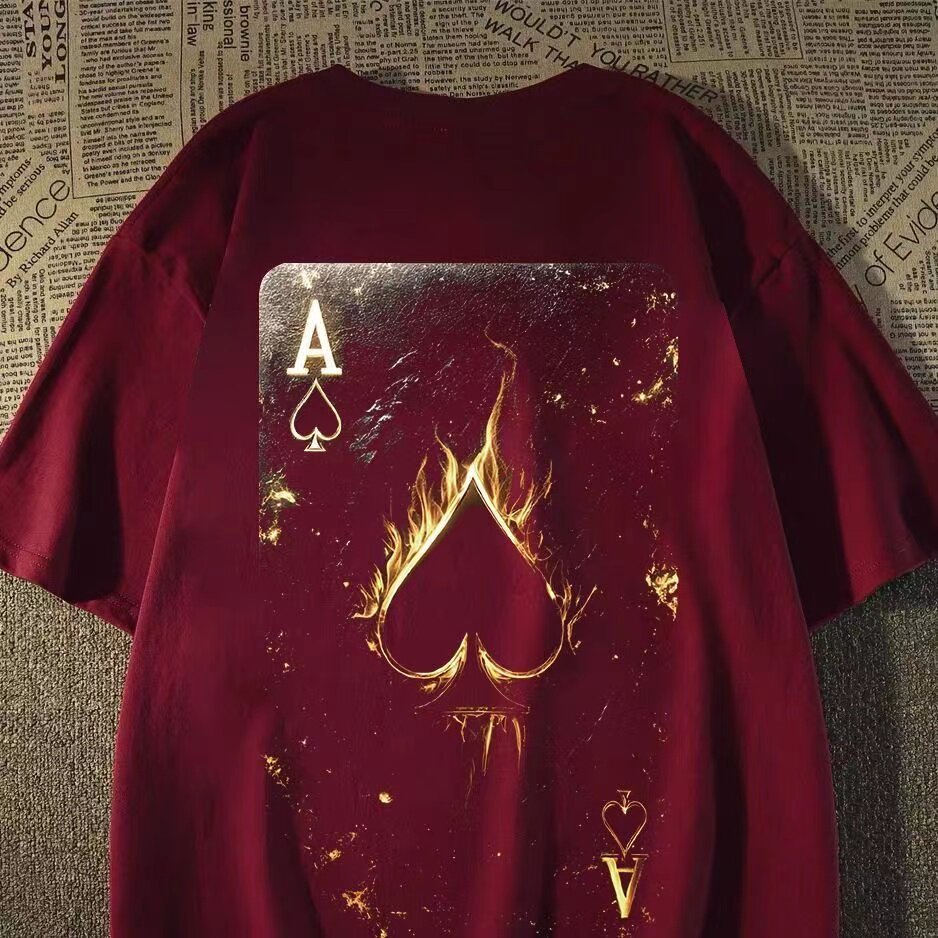 Fogo Golden Spade Ace Poker Impressão Camiseta Vermelha Streetwear Estética Oversized Harajuku Styl