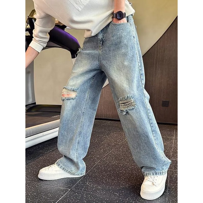 Lavado Retro rasgado Jeans masculino rufião bonito Street Wear mendigo calças verão novo estilo solto em linha reta calç