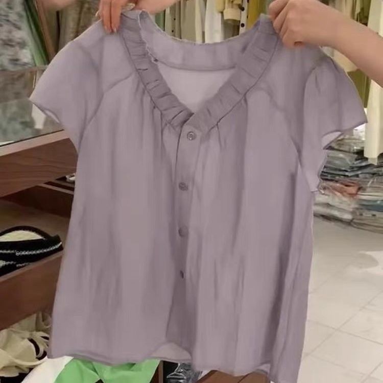 2024 novo estilo com decote em V camisa roxa feminina verão chique linda camisa de Chiffon francês de manga curta Top 6.