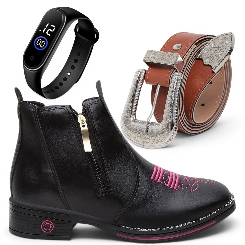 Bota Texana Feminina Casual Kit Completo Com Cinto Country E Pulseira Relógio