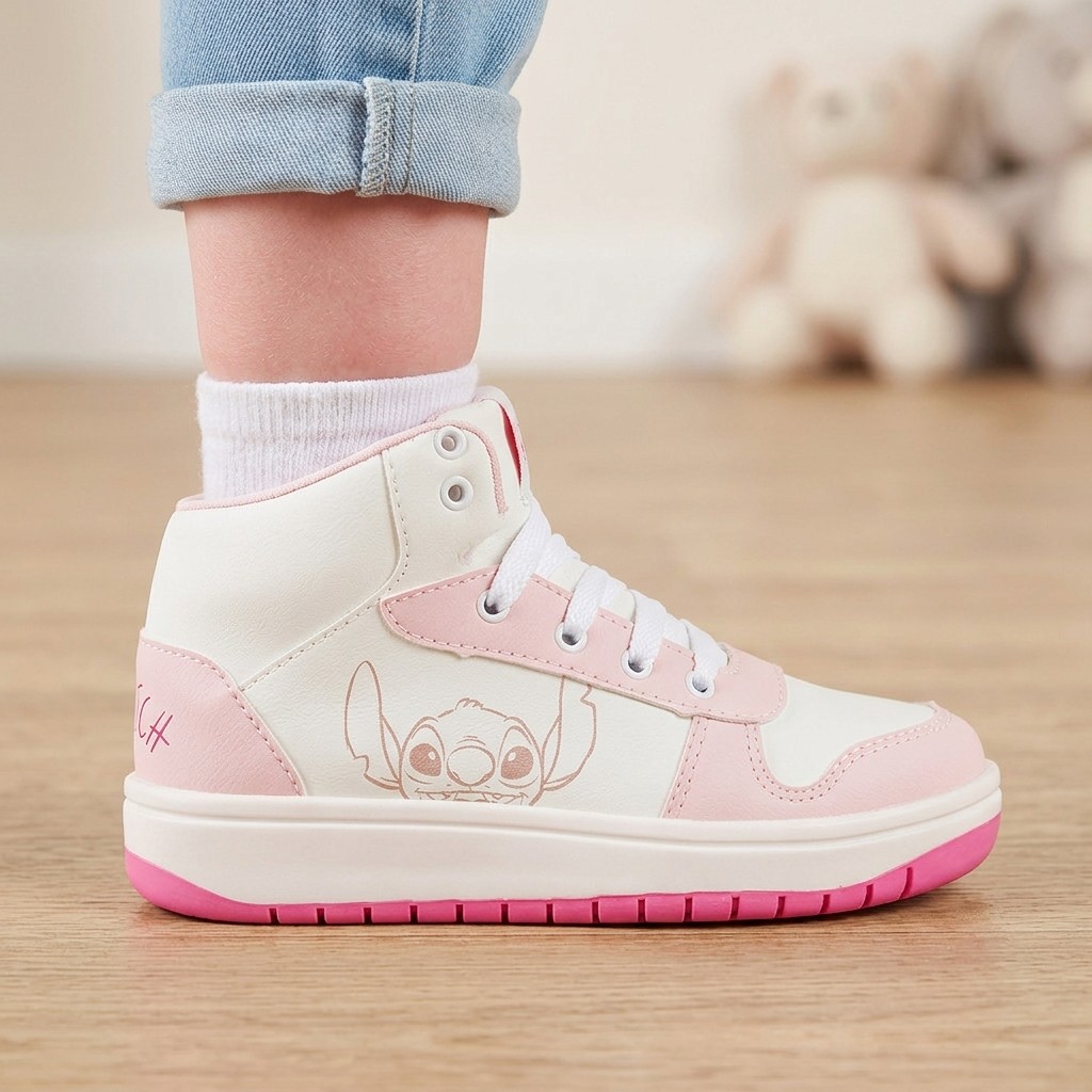 Tênis Botinha Stitch Cano Alto Feminino Juvenil Dyan Branco Rosa Visual Moderno Escolar Solado Seguro Antiderrapante
