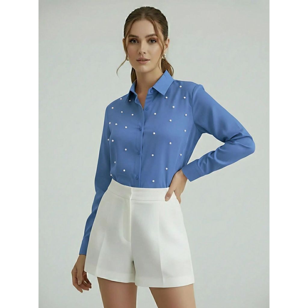Camisa Social Feminina com Pérolas Premium Azul | Blusa de Luxo Manga Longa Elegante com Aplicações de Pérolas Longa