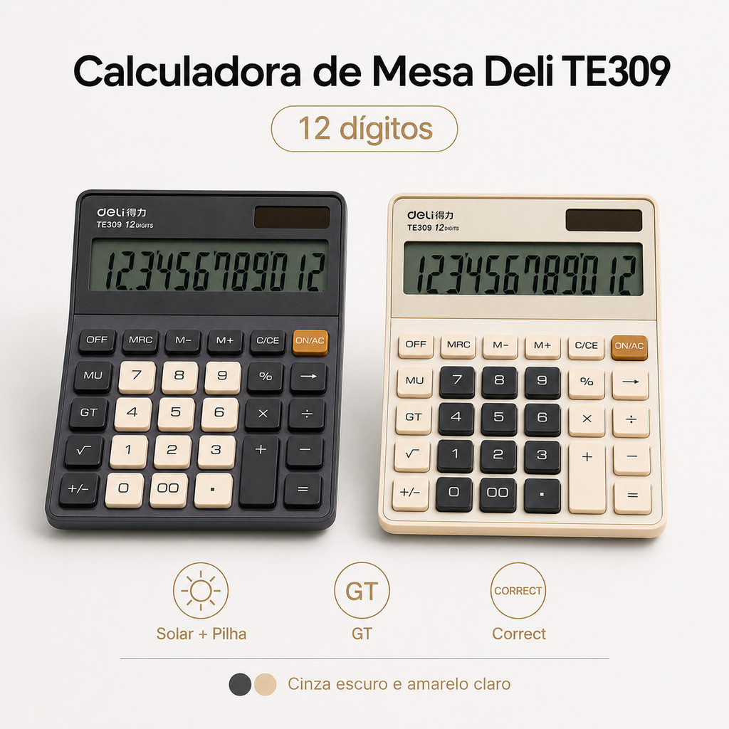 Calculadora de Mesa Deli 12 Dígitos GT Correct Solar e Pilha TE309 Cinza Escuro 