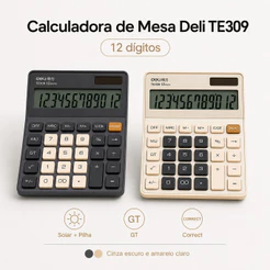 Calculadora de Mesa Deli 12 Dígitos GT Correct Solar e Pilha TE309 Cinza Escuro Amarelo Claro