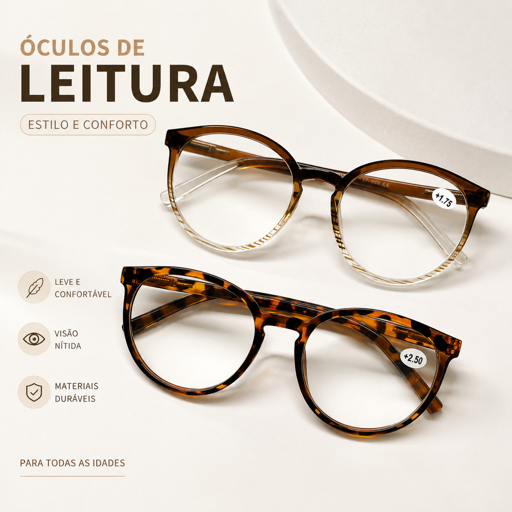 Óculos de Leitura com Grau Para Perto Redondo  Feminino e Masculino Leve e confortável