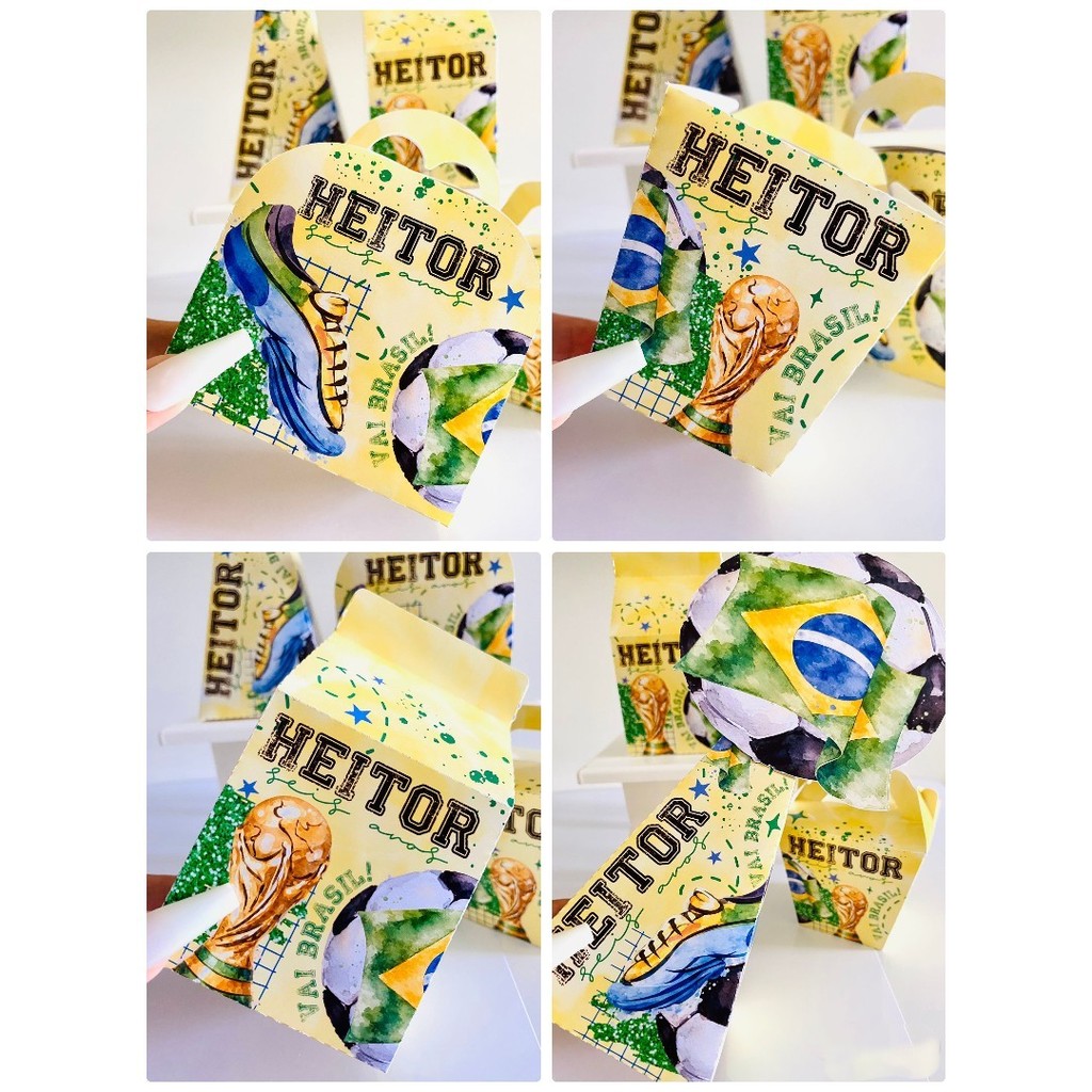 Kit Caixinhas Papelaria Personalizada Futebol Brasil Lembrancinha Festa Infantil DESMONTADO