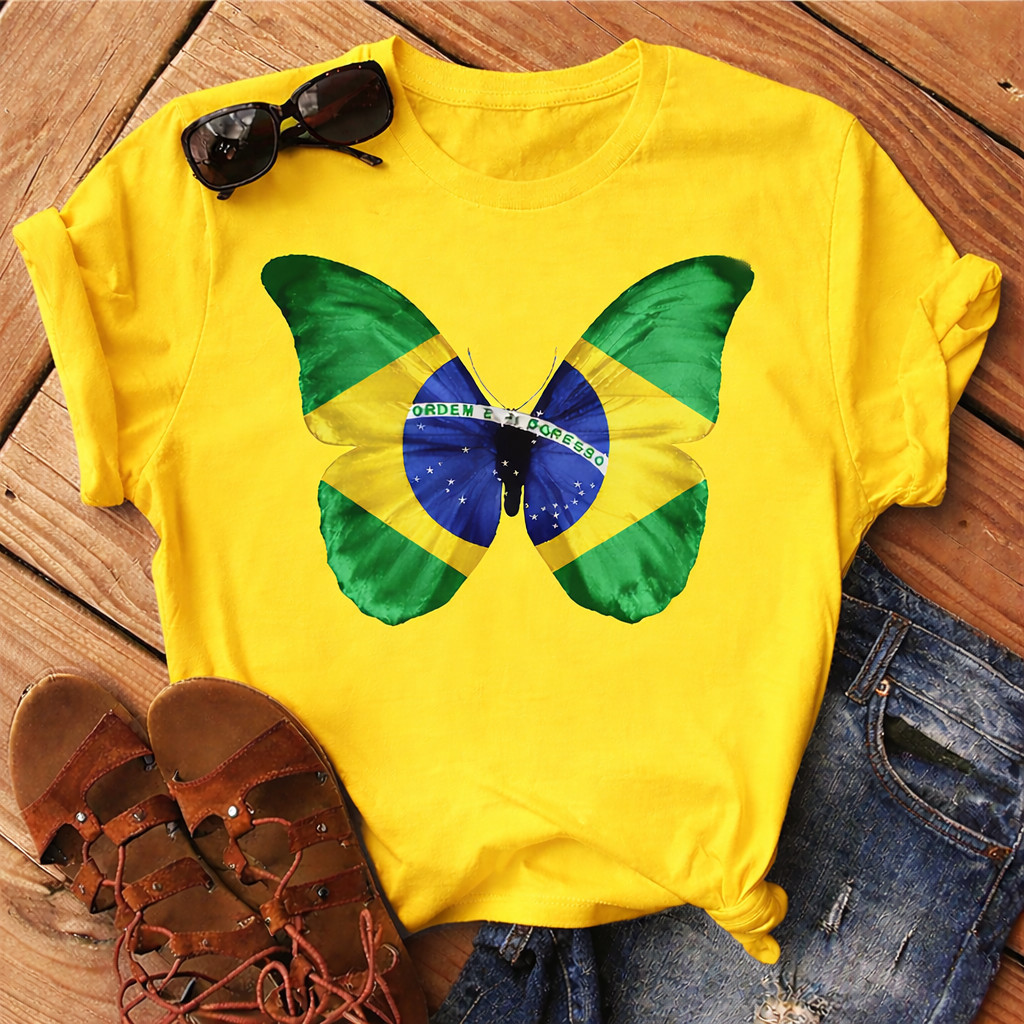 Camisa Camiseta Feminina Brasil T-shirts Borboleta Bandeira Blusa Copa do Mundo Hexa Algodão