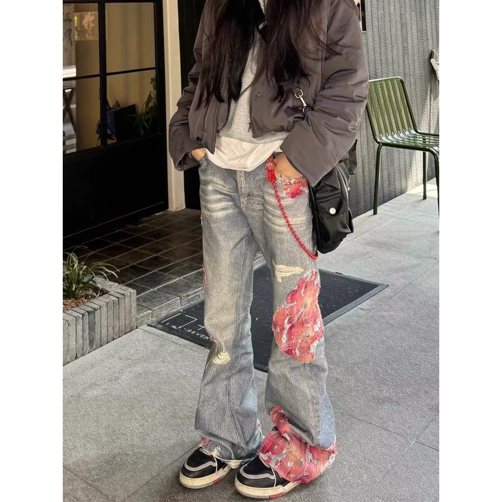 EZ American High Street Jeans Rasgado Masculino Bonito Nicho Reto Casual Solto Calças High-End