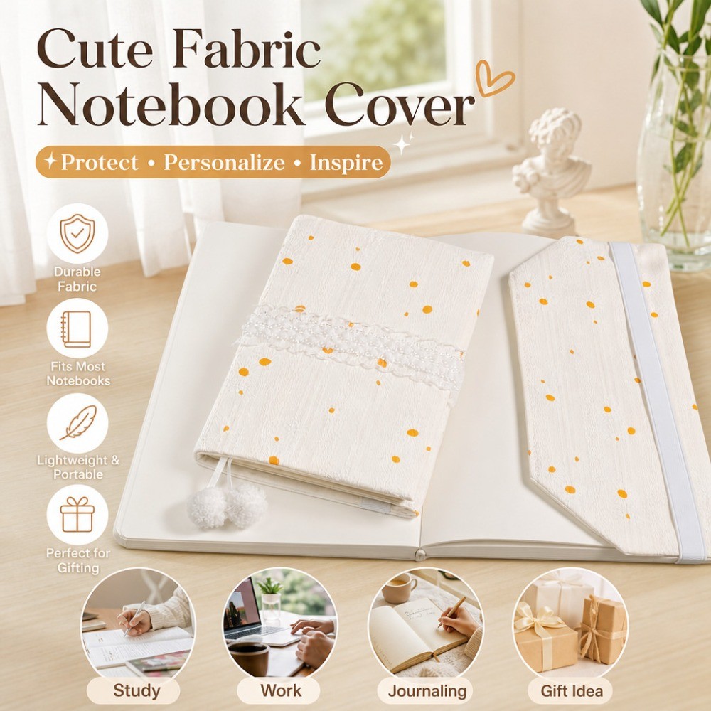 Capa De Livro Em Tecido Jacquard Margarida Branca Creme A5 A6 , Protetor De Diário Com Acabamento Renda Marcador Pom-, D