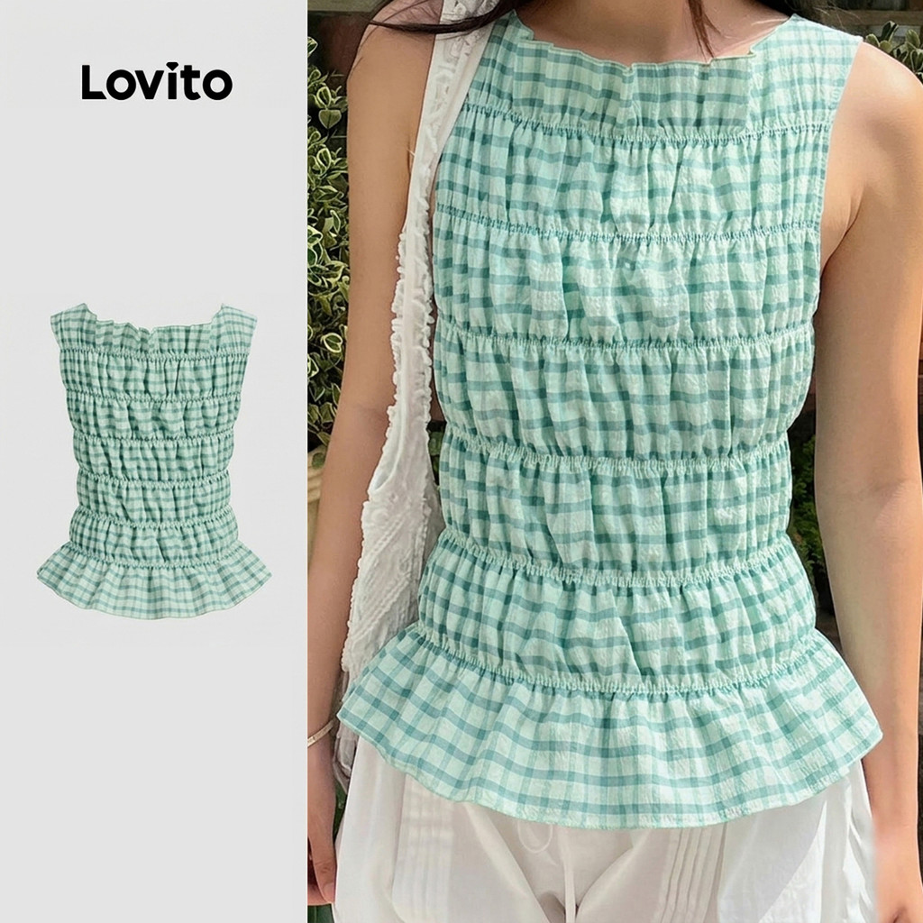 Lovito Férias Blusa Regata Feminina Fofa Com Estampa Xadrez Vichy E Detalhes Fra