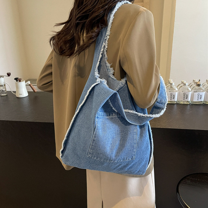 Bolsa de lona jeans feminina 2026 novo estilo sacola grande capacidade bolsa escolar de estudante bolsa de ombro simples