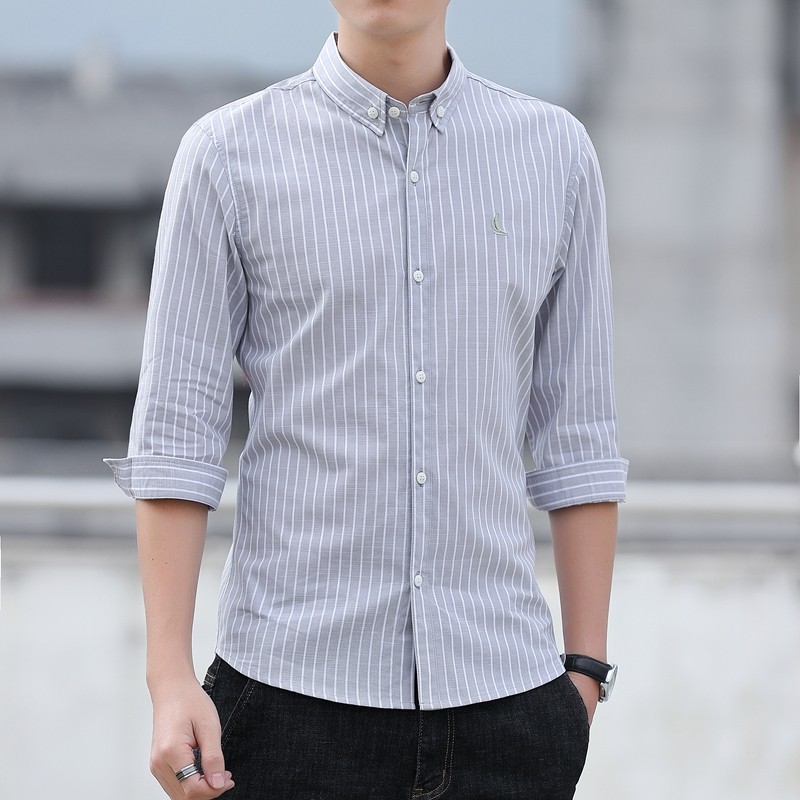 Camisa de manga curta masculina de verão listrado fino ajuste camisa de manga de três quartos na moda masculina Casual p