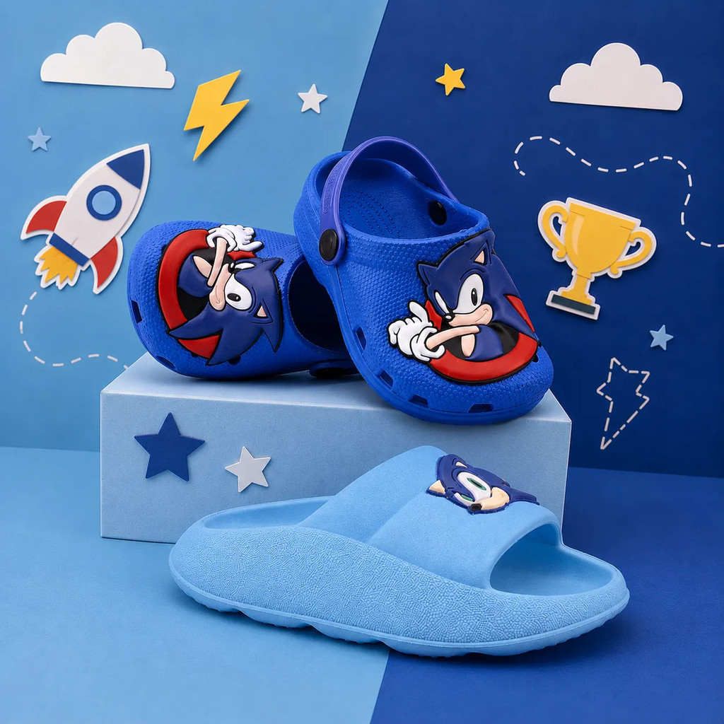 Kit Menino Babuche Infantil + Slide Leve Nuvem Super Confortável Herói Infantil Sonic Marca Nexa