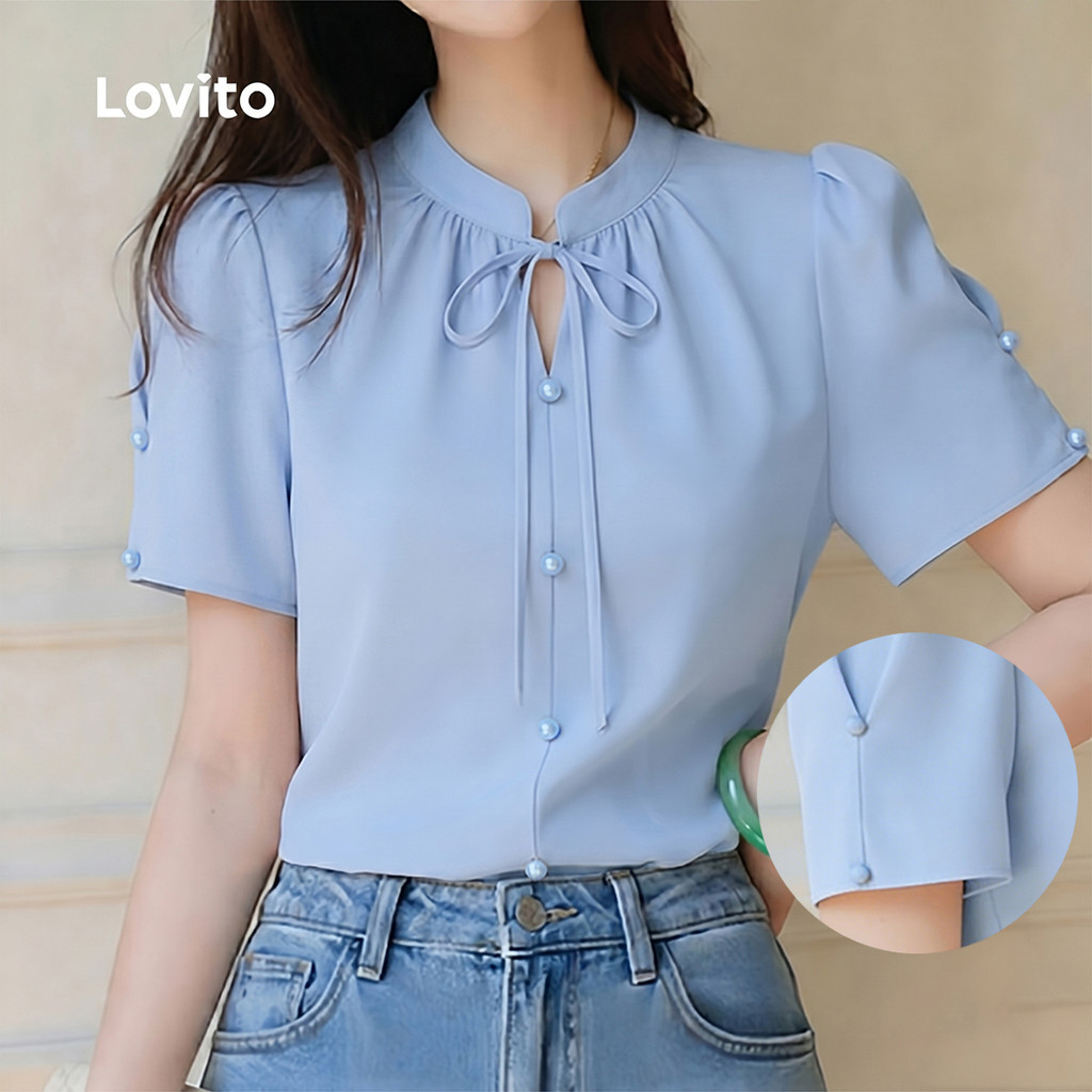 Lovito Elegante Blusa com Amarração e Botões Frontais Blusa Azul Primavera/verão para Mulheres Bordado LK4ED565
