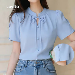 Lovito Gola Padre Elegante Blusa com Amarração e Botões Frontais Blusa Azul Primavera/verão para Mulheres Bordado LK4ED565