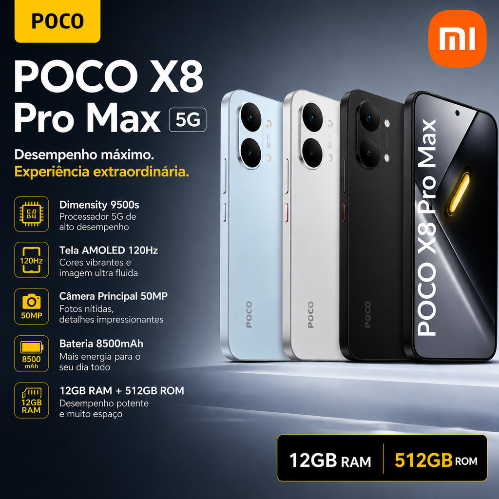 Celular Xiaomi Poco X8 Pro Max 5G 12GB 512GB Bateria 8500mAh AMOLED 6.83" 120Hz NFC Original Lacrado Global
