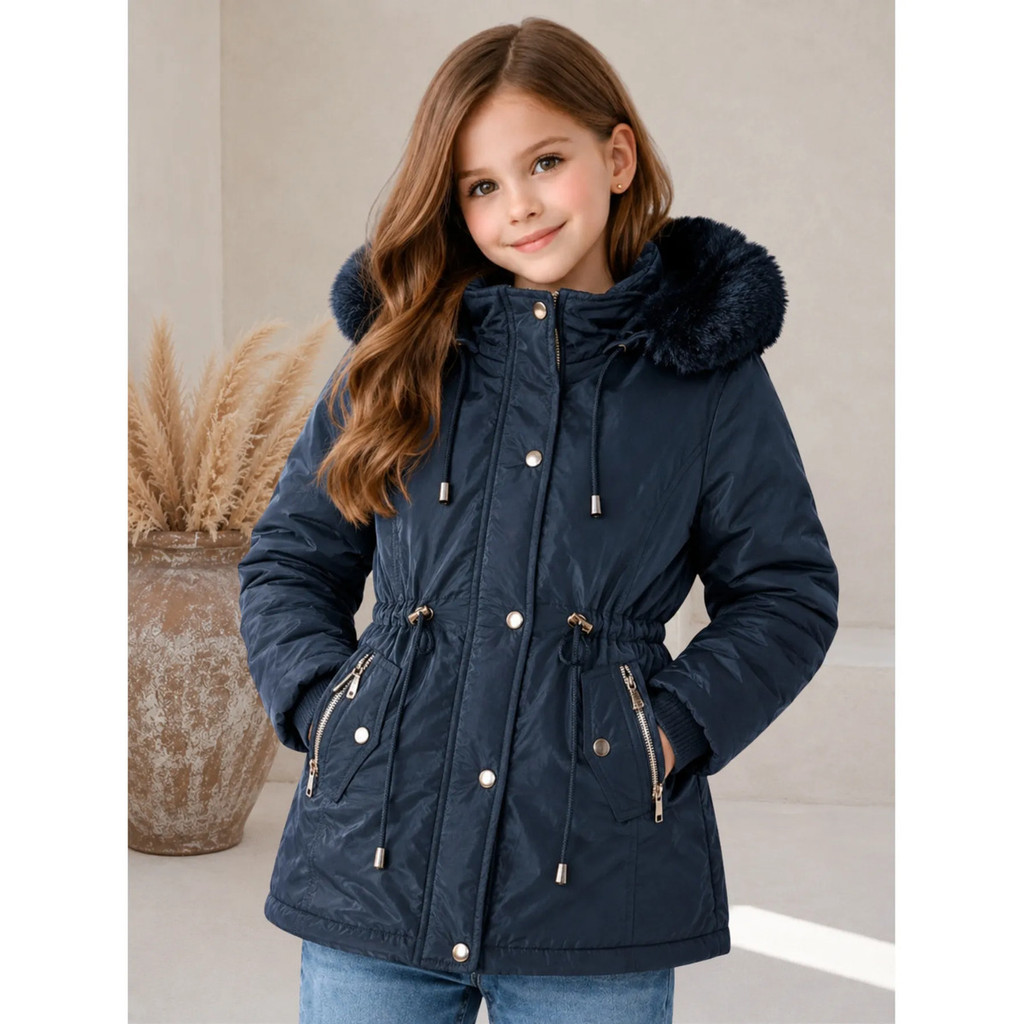Parka Infantil Menina Peluciada Impermeável Corta Vento Com Pelo E Capuz Top Inverno Top