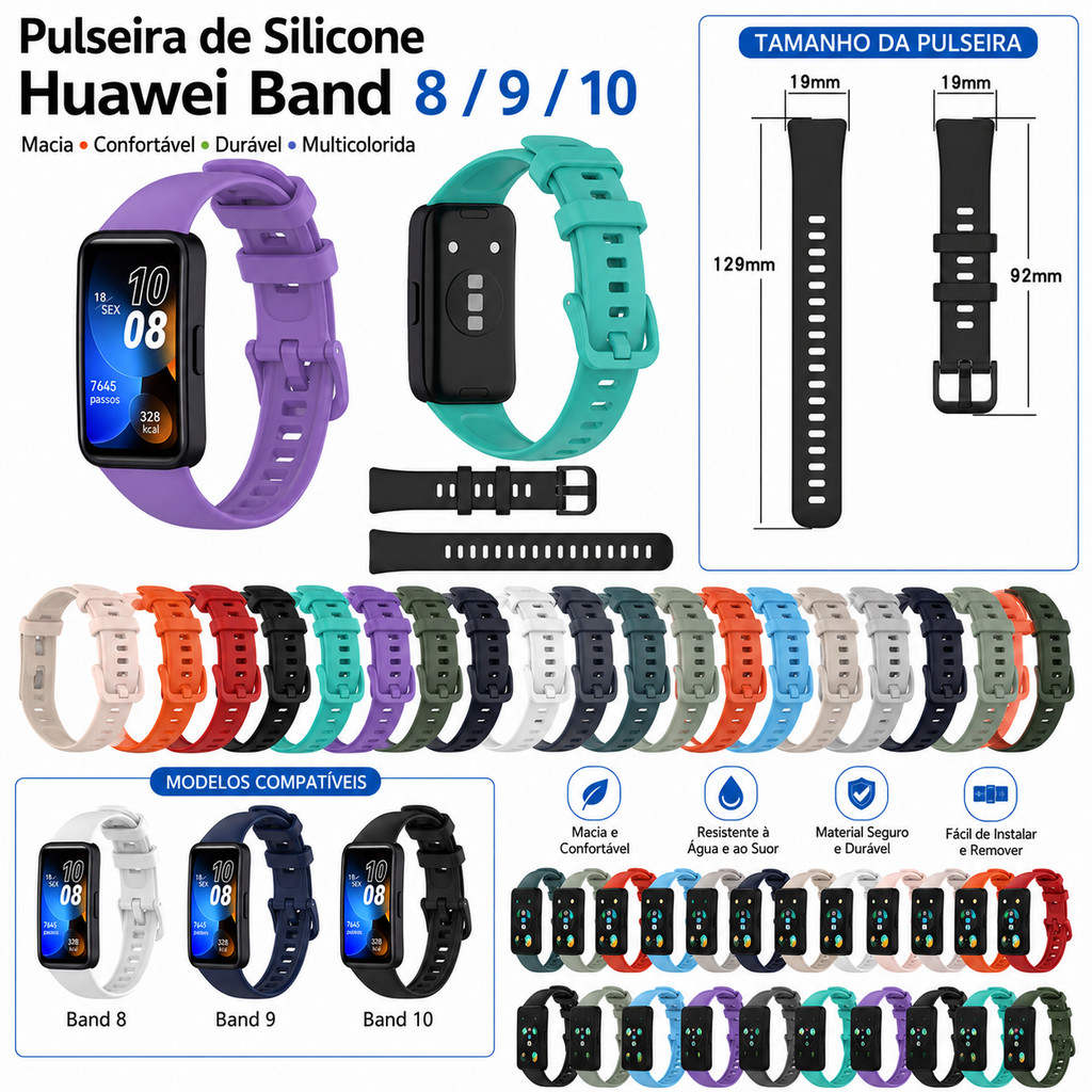 Pulseira de Silicone para Huawei Band 8 / 9 / 10 | Pulseira Substituta Smartwatch Macia, Resistente e Confortável