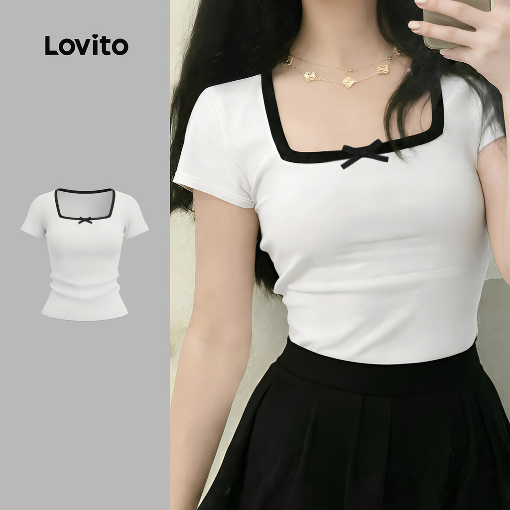 Lovito Manga Curta Camiseta Casual Colorblock Arco Primavera/verão Camiseta Branca para mulheres LK4ED2364
