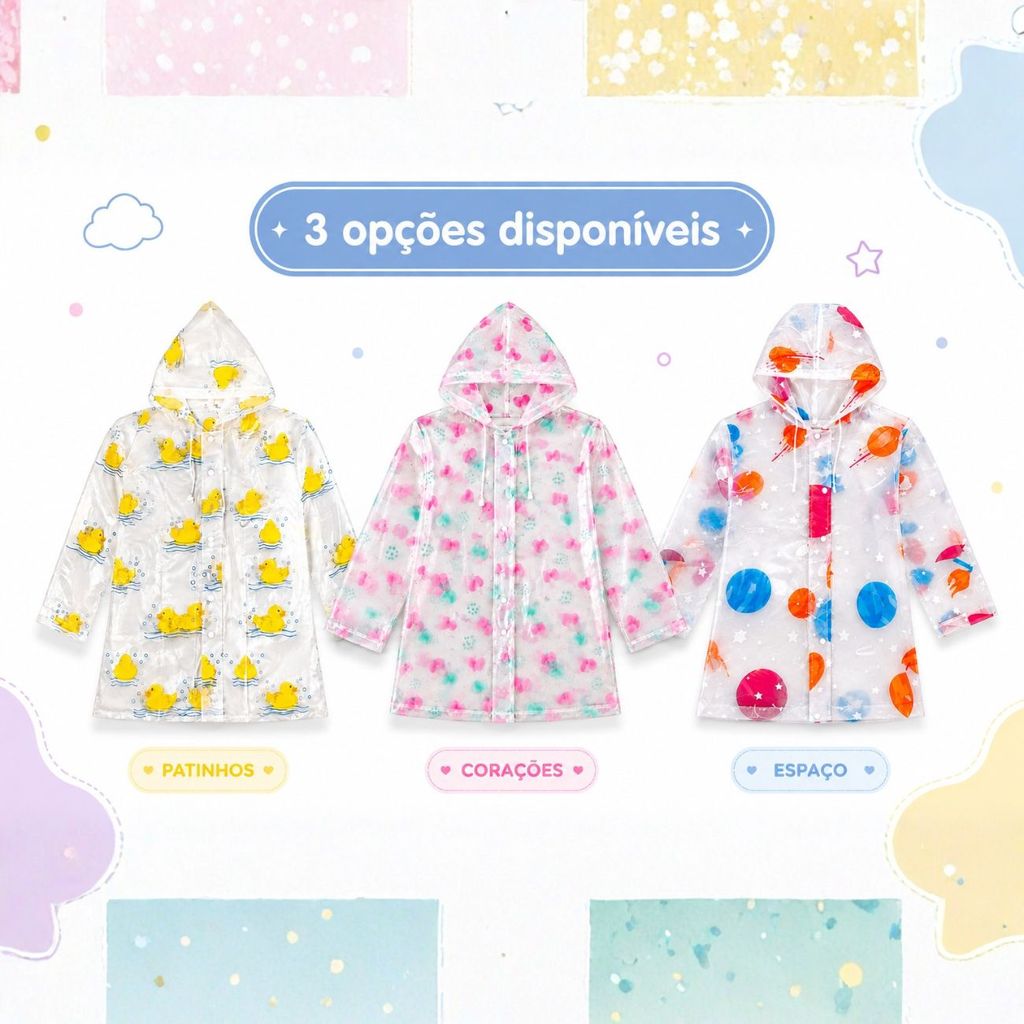 Capa de chuva infantil transparente com estampa divertida e colorida Escolar dia a dia Frio inverno