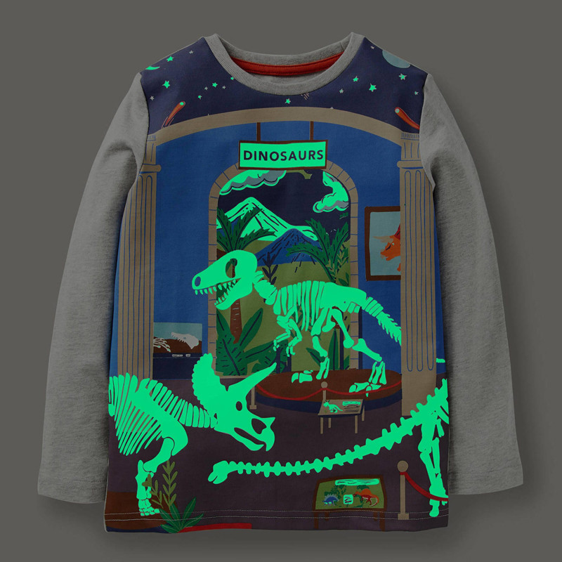 Dinossauro luminoso camiseta de manga comprida meninos topo outono crianças puro algodão Bottoming camiseta bebê roupas 