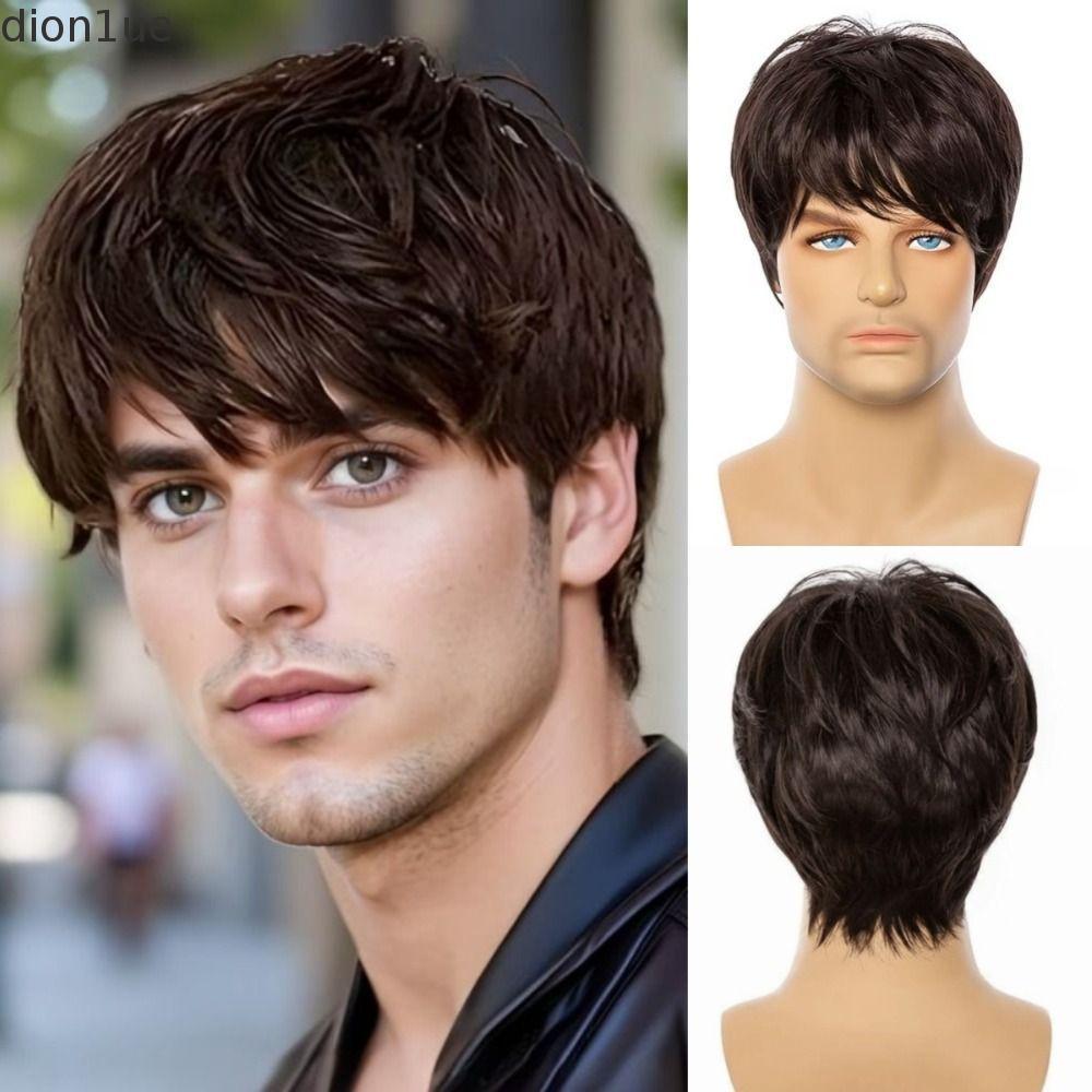 DION1UE Peruca De Cabelo Curto E Reto , Perucas Masculinas Sintéticas Pretas Marrons Naturais , Fofa Em Camadas Com Fran