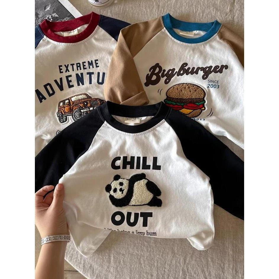 Crianças de manga comprida camiseta primavera outono estilo meninos meninas dos desenhos animados bordado solto bebê cam