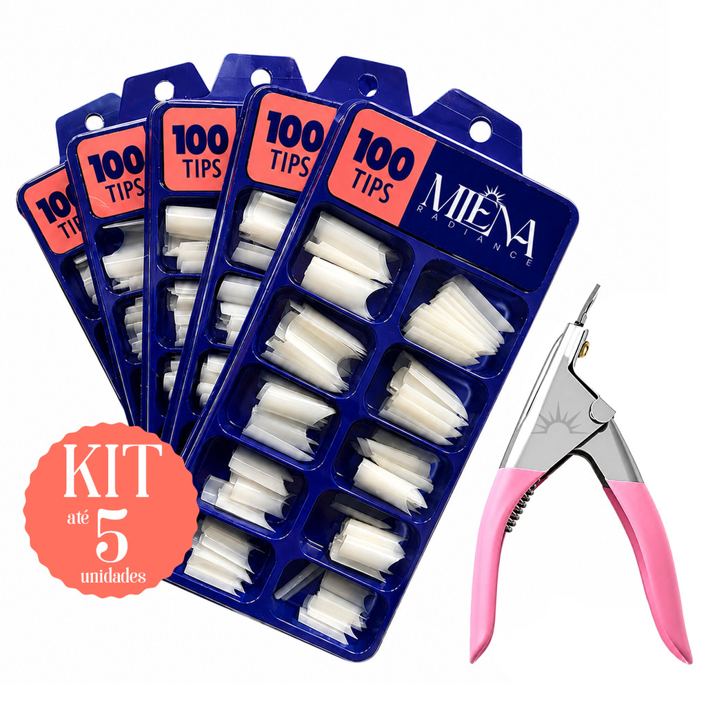 Kit 100 Tips + Cortador de Tips Unhas Postiças Curvatura C Bailarina Almond Leitosa ou Transparente
