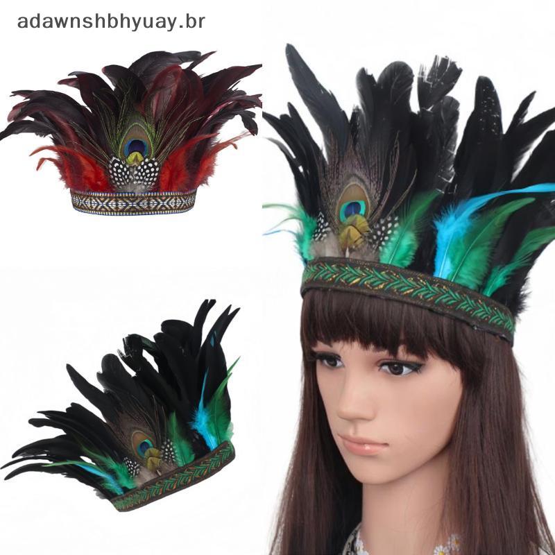 Adawnshbyuay Moda Coroa De Penas Com Alça Decorativa Cocar Indiana Faixa De Cabelo Halloween Cosplay Headwear BR